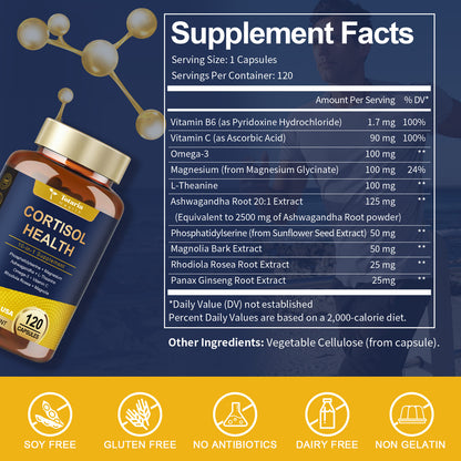 Cortisol Support Capsules with Ashwagandha, Rhodiola & L-Theanine