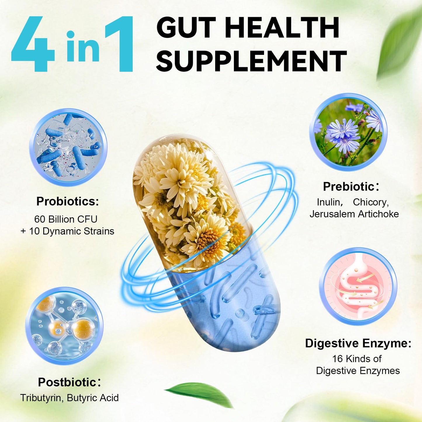 4-in-1 Gut Health with Probiotics, Prebiotics & Enzymes