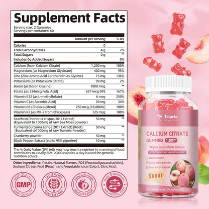 Calcium Citrate Gummies 1200mg with D3, K2 & Magnesium (2-Pack)