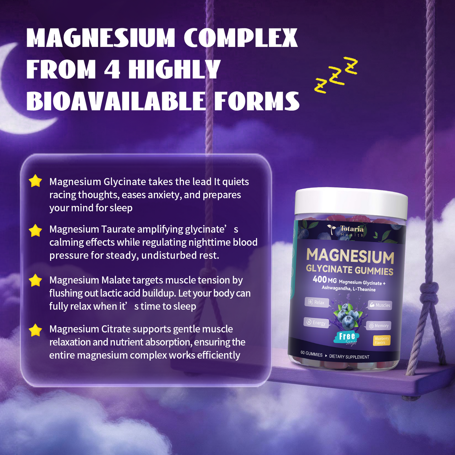 Magnesium Glycinate Gummies 400mg with Ashwagandha (Blueberry)