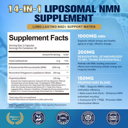 Liposomal NMN 1000mg – 14-in-1 with Resveratrol & CoQ10