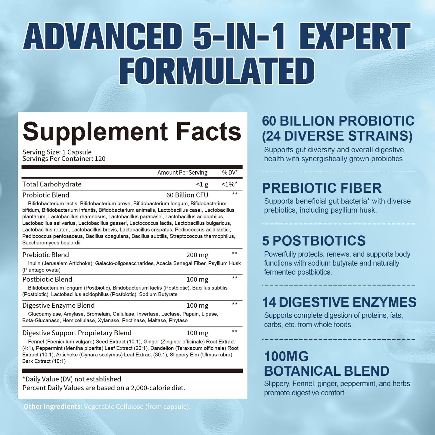 5-in-1 Probiotic 60 Billion CFU with Prebiotics & Enzymes