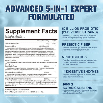 5-in-1 Probiotic 60 Billion CFU with Prebiotics & Enzymes
