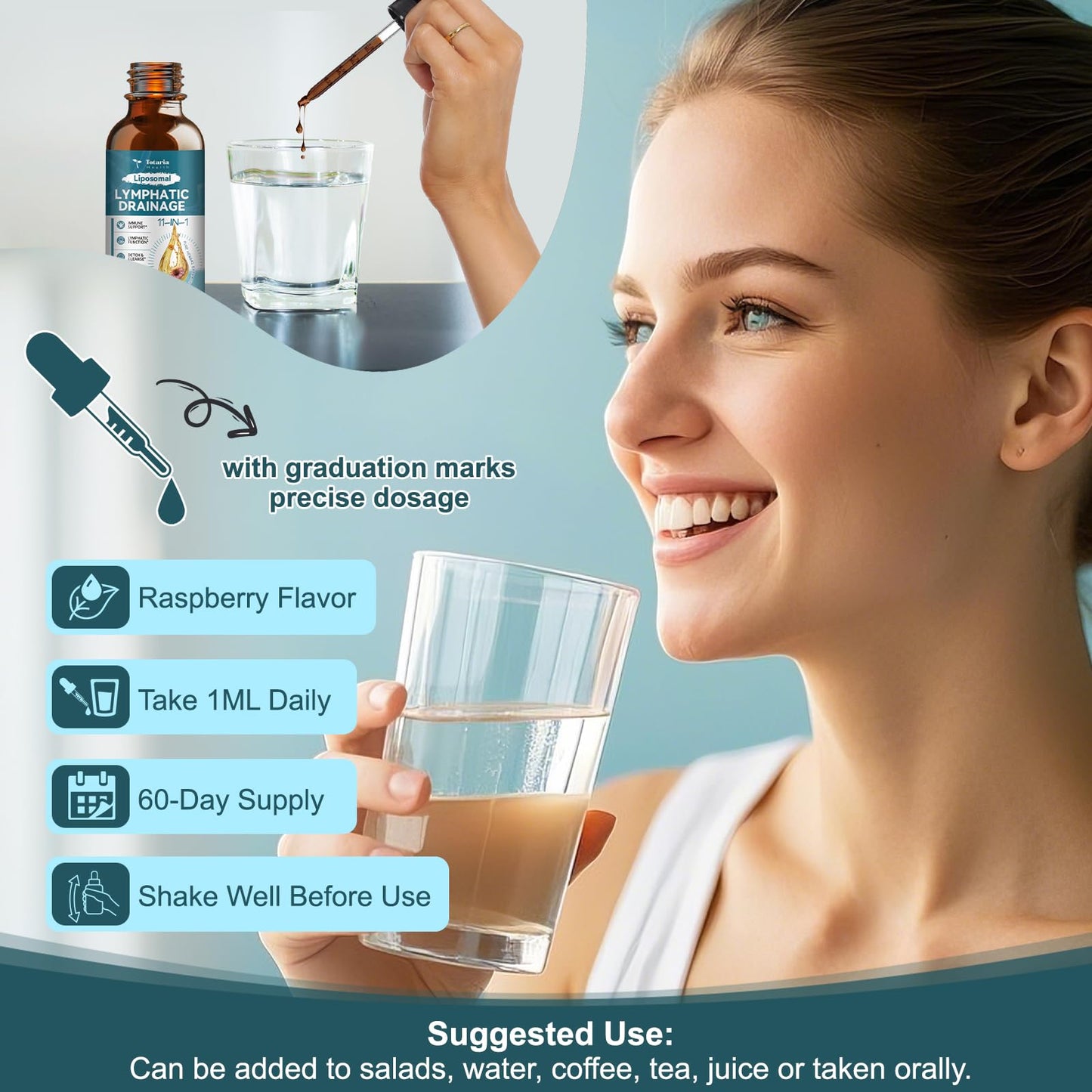 Woman using Liposomal Lymphatic Drainage Drops